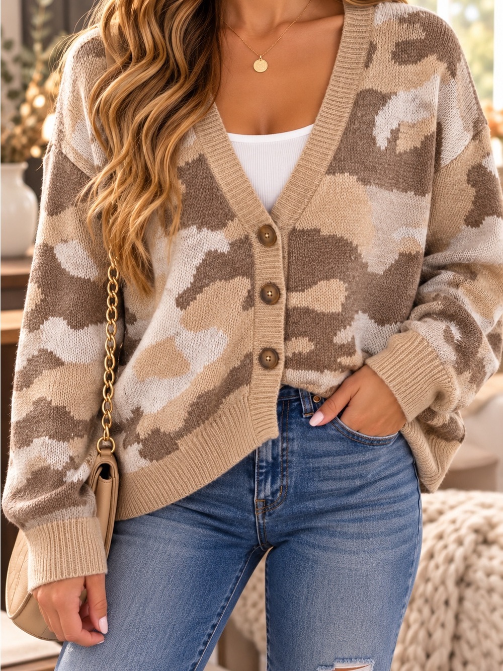 Lucky Brand Neutral Camo V-Neck Button Cardigan - Beige, Tan, Cream